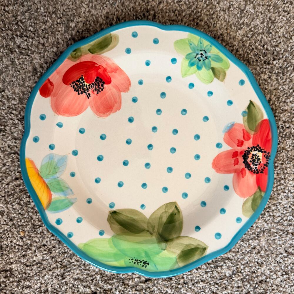Pioneer Woman Turquoise Vintage Bloom 10.5" Ceramic Dinner Plate Scalloped NEW